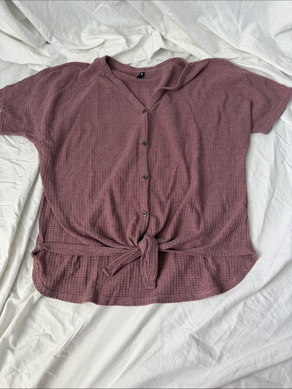 Women's Mauve Tie-Front Button Waffle Top